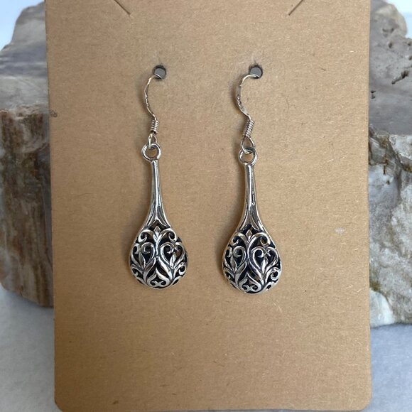 Sterling Silver 925 Hollow Pierced Filigree Scrollwork Teardrop Dangle Earrings - Picture 15 of 15